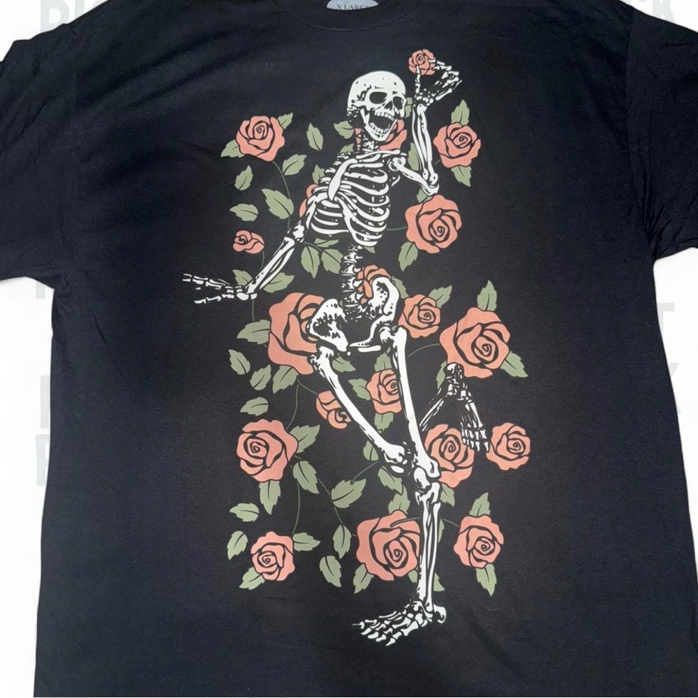 Black T-Shirt with Skeleton and Rose Design